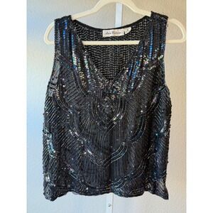 Ann Katrine Black Beaded Sequin V Neck Sleeveless Shell Top M